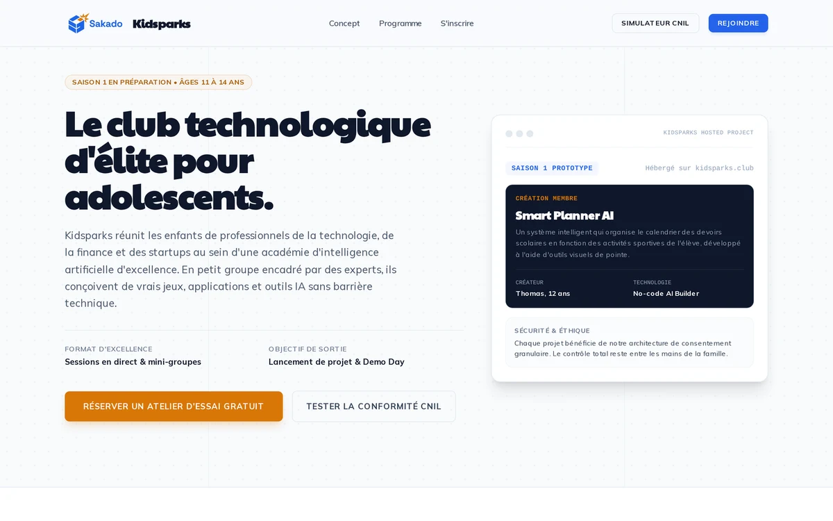 The Kidsparks storefront as the team first shipped it: hero headline, programme summary and pricing, all generated in the first build cycles.
