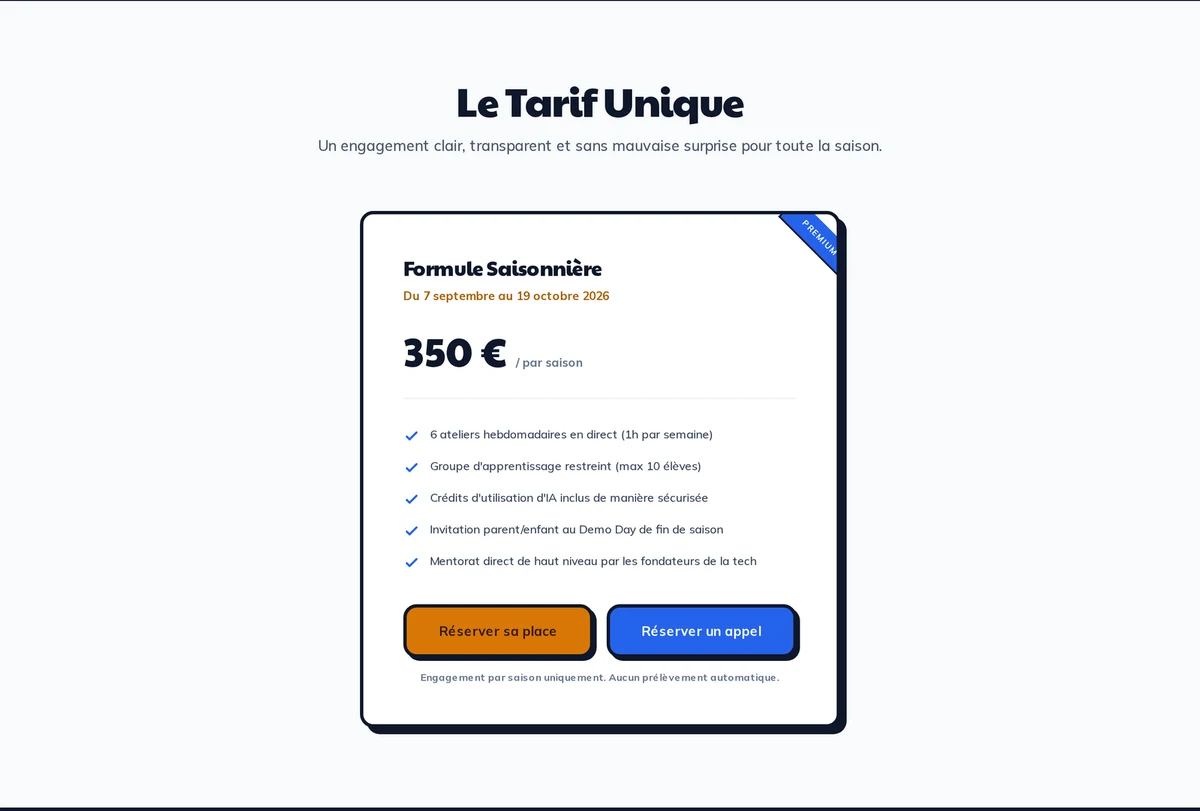 The pricing section on sakado.xyz: 350 euros for the six-week season, groups capped at ten.